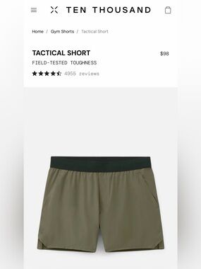 Ten Thousand Tactical Short. 5”. Unlined. OD Green. New.
